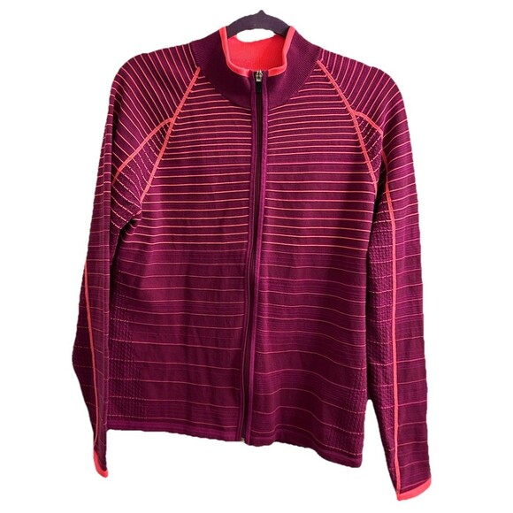Annika Cutter & Buck Purple Pink Striped Full Zip Knit Sweater SZ Large Sporty - Picture 1 of 3